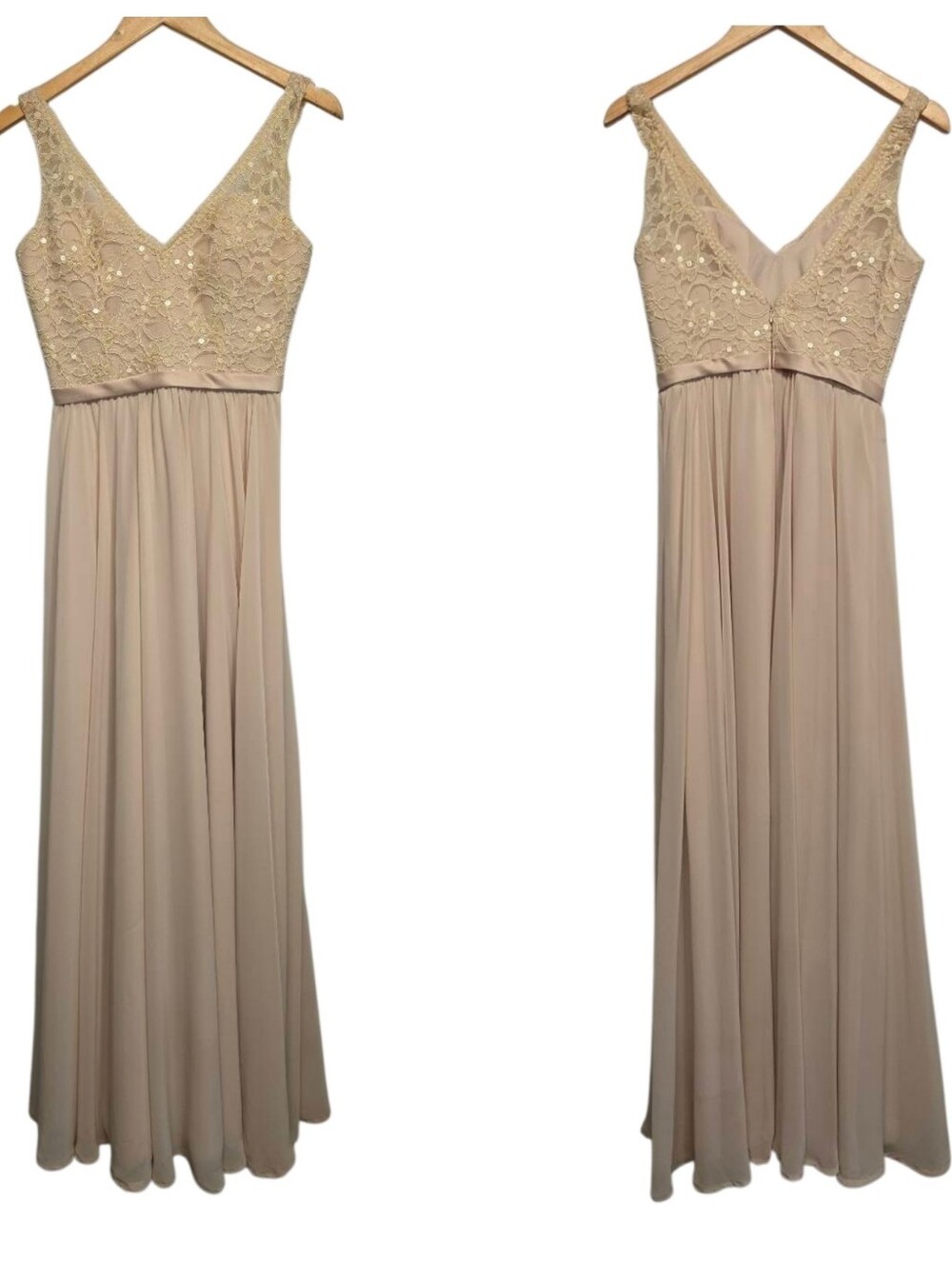 Mori Lee Beaded Lace Bodice Chiffon Maxi Dress in Beige